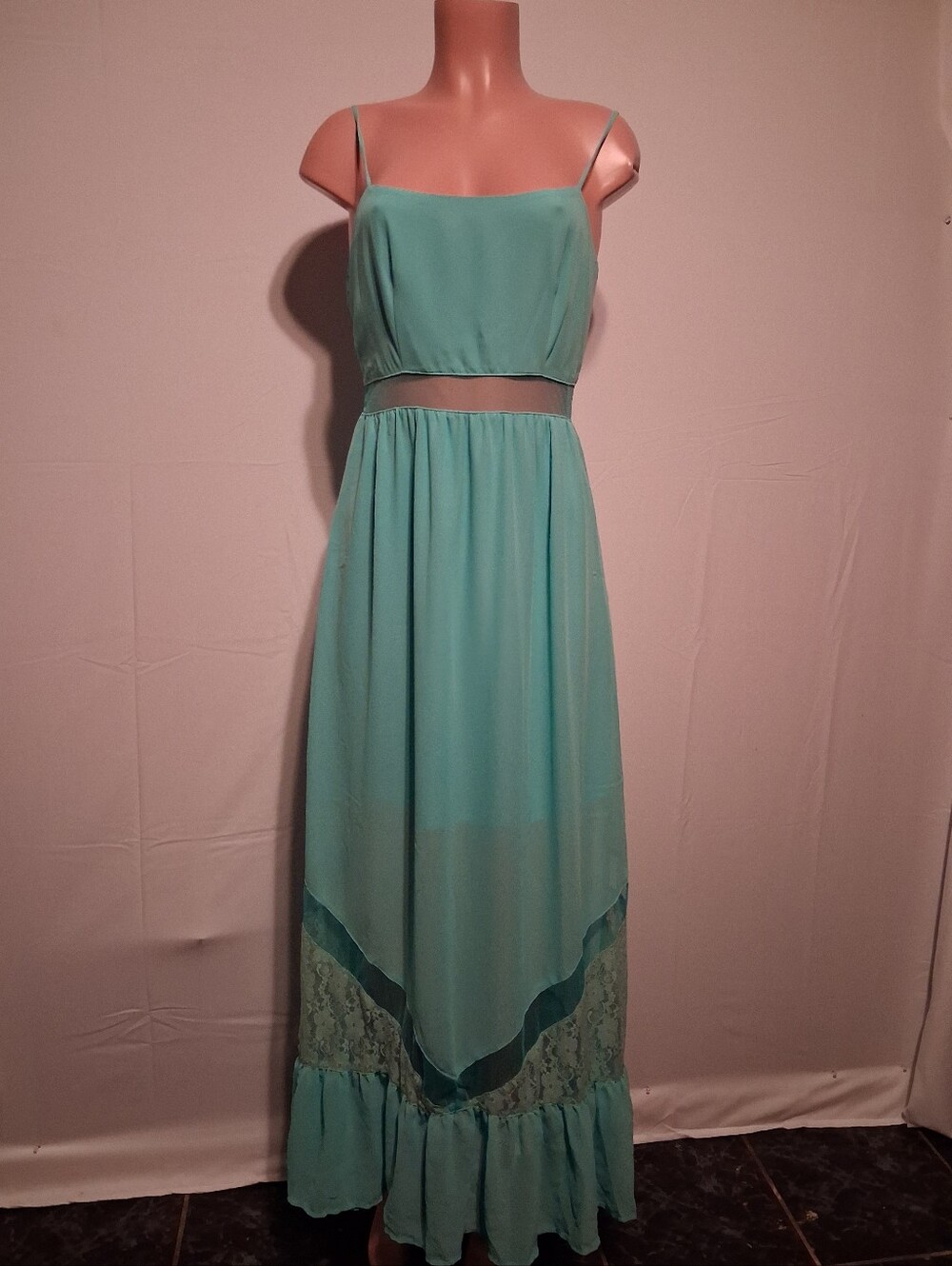 Shasa Turquoise Maxi Dress Mesh Waist Lace Hem Ruffle Size M